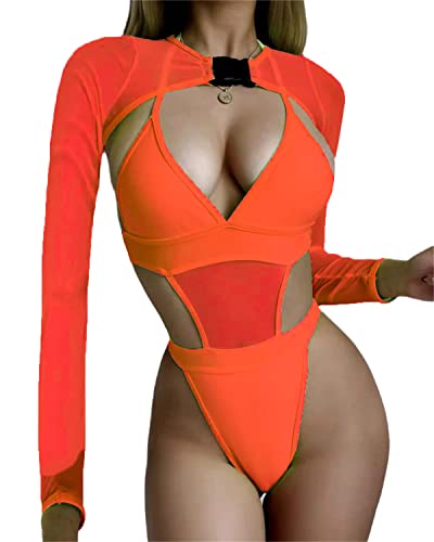 tinetill Body Damen Tankinis Badeanzüge 2-Teilig Neon Rave Outfit mit Y2K Langarm Crop Top Cover-up Bikini Set für Festiva Clubwear von tinetill