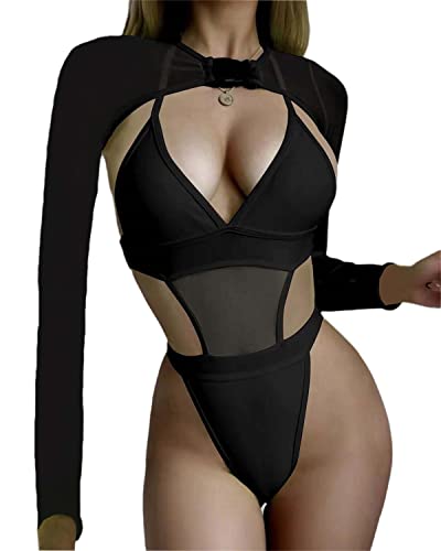 tinetill Body Damen Tankinis Badeanzüge 2-Teilig Neon Rave Outfit mit Y2K Langarm Crop Top Cover-up Bikini Set für Festiva Clubwear von tinetill