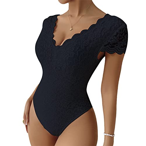 tinetill Body mit Spitzen Damen Bodysuit Club Party Oberteil Elegant Bodys Kurzarm Spitzentop Shirt Bluse Overall von tinetill