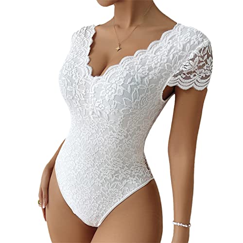 tinetill Body mit Spitzen Damen Bodysuit Club Party Oberteil Elegant Bodys Kurzarm Spitzentop Shirt Bluse Overall von tinetill