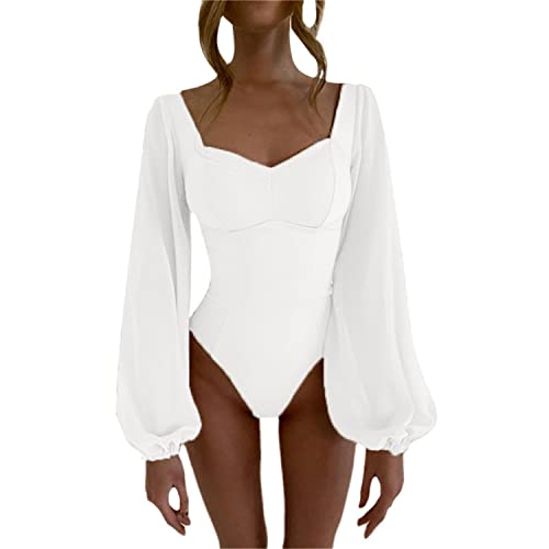 tinetill Bodysuit Damen Spitze Langarm Bodys Puffärmeln Overall Laternenärmeln Quadratischem Ausschnitt Oberteil Rückenfrei Elegant Langarmshirt Einfarbig Schmal Tops von tinetill