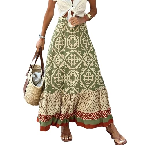tinetill Boho Maxirock Damen Sommerrock Hohe Taille A Linie Rock Lang Blumen Strand Rüschenrock Casual Vintage Faltenrock Asymmetrische Röcke von tinetill