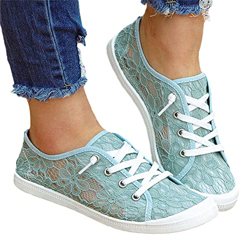 tinetill Canvas Sneakers Damen Flache Schuhe Spitze Blumen Mesh Laufschuhe Low Top Turnschuh Atmungsaktive Sommer Outdoorschuhe Elegante Lässige Slip Ons Schnürschuhe, 40 EU, Blau von tinetill