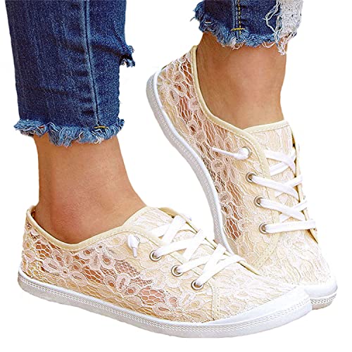 tinetill Canvas Sneakers Damen Flache Schuhe Spitze Blumen Mesh Laufschuhe Low Top Turnschuh Atmungsaktive Sommer Outdoorschuhe Elegante Lässige Slip Ons Schnürschuhe, 41 EU, Beige von tinetill