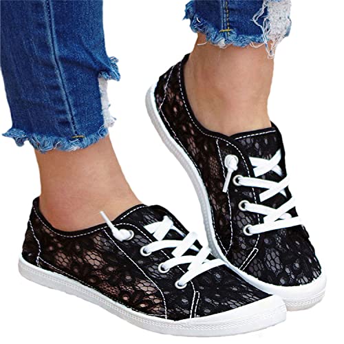 tinetill Canvas Sneakers Damen Flache Schuhe Spitze Blumenmuster Mesh Laufschuhe Low Top Turnschuh Atmungsaktive Sommer Outdoorschuhe Elegante Lässige Slip Ons Schnürschuhe, 39 EU, Schwarz von tinetill