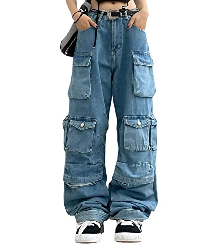 tinetill Cargohose Damen Baggy Jeans Y2K Freizeithosen Wide Leg Hosen Vintage Straight Denim Pants Sterne Flared Jeanshosen mit Tasche 90er E-Girl Streetwear von tinetill