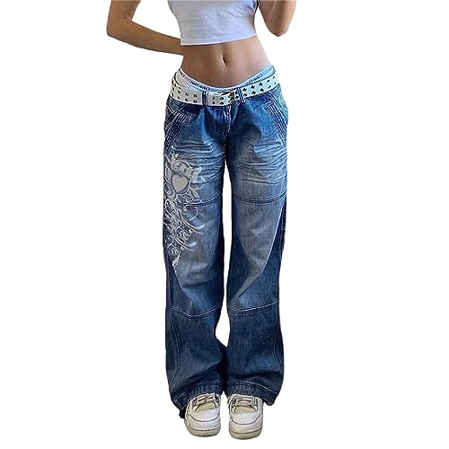 tinetill Cargohose Damen Baggy Jeans Y2K Freizeithosen Wide Leg Hosen Vintage Straight Denim Pants Sterne Flared Jeanshosen mit Tasche 90er E-Girl Streetwear von tinetill