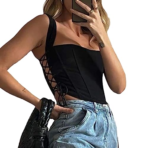 tinetill Crop Top Damen Ärmellos Corset Tops Y2K Schulterfrei Trägerlos Korsett mit Kordelzug Oberteile Clubwear E-Girl Bodyshaper Cami Wrap Top von tinetill