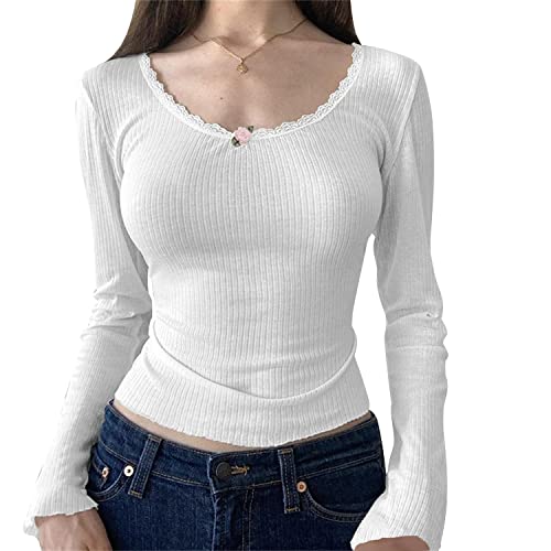 tinetill Crop Top Damen Y2K Rückenfrei T-Shirt Bauchfrei Langarmshirt Musterdruck Pullover Slim Fit Bluse Vintage Sommer Oberteil Party Streetwear, B Weiß von tinetill