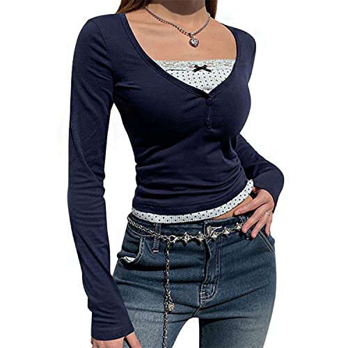 tinetill Crop Top Damen Y2K Rückenfrei T-Shirt Bauchfrei Langarmshirt Musterdruck Pullover Slim Fit Bluse Vintage Sommer Oberteil Party Streetwear von tinetill