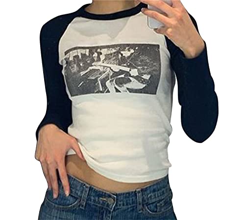 tinetill Crop Top Damen Y2K Rückenfrei T-Shirt Bauchfrei Langarmshirt Musterdruck Pullover Slim Fit Bluse Vintage Sommer Oberteil Party Streetwear, C Weiß von tinetill