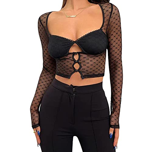 tinetill Crop Tops Damen Camis Spitze Bedruckt Camisole Y2k Trägerlos Tüll Top Ärmellos Mesh Tshirts Slim Low Cut Tank Top Kurze Oberteile von tinetill