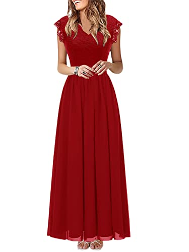 tinetill Damen Elegant Spitzenkleid Lang Abendkleid für Hochzeit Ärmellos Chiffon Cocktailkleid Festliches Kleid High Waist A-Linie Patchwork Spitze Kleid Maxi Hochzeitskleid von tinetill