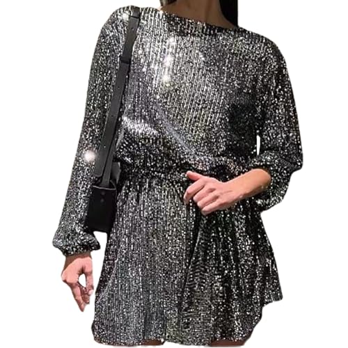 tinetill Damen Glitzer Paillettenkleid Festlich Party Hochzeit Kleider Elegant Ballkleid Cocktailkleid Slim-Fit Ballkleid Langarm Mini Kurz Kleid Club Abendkleid Moden Hohe Taille Wickelkleider von tinetill