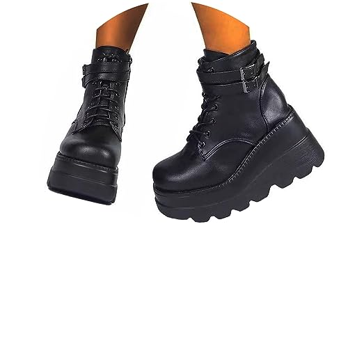 tinetill Damen Gothic Punk Plateau Stiefel PU Stiefeletten Winterstiefel Gotisch Motorrad Boots mit Reißverschluss Keilabsatz Schnürstiefel Schnalle Riemen Wedges Schuhe von tinetill