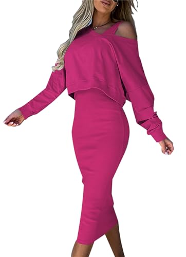 tinetill Damen Kleid Zweiteiliger Anzug Ärmelloses Maxikleid und Loose Oberteil 2 Stück Strickkleid Winter Bodycon Pulloverkleid Elegant Slim Fit Freizeitanzug von tinetill