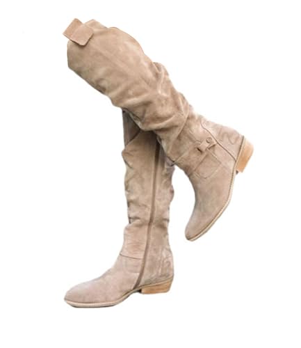 tinetill Damen Kniehohe Stiefel Langschaft Wildleder Westernstiefel Overknee Stiefel Warme Winter Lange Stiefel Vintage Ritter Stiefel mit Niedrigem Absatz Reißverschluss Winterschuhe von tinetill