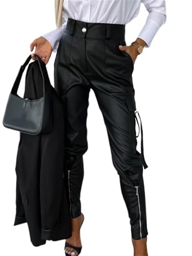 tinetill Damen Lederhose Stretch Skinny Leggings Gothic Punk Kunstleder Hose Hohe Taille PU Lederhose Kreuzgurt Bodycon Hosen Stretch Biker Pants von tinetill
