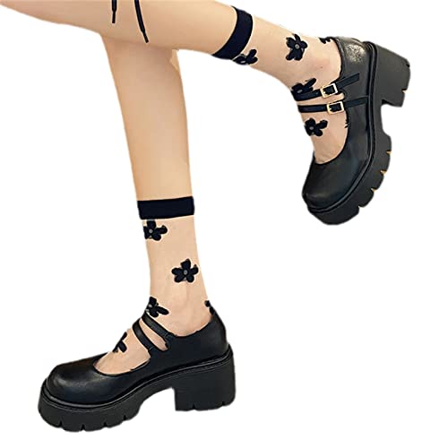 tinetill Damen Mary Jane Schuhe Schwarz Schnallenriemen Runde Zehen Wohnungen Flacher Mund Süße Lolita Prinzessin Schuhe Plattform Gothic Retro Schuhe von tinetill