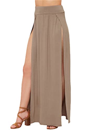 tinetill Damen Maxirock Double Split Maxi Lange Rock mit Schlitz Damen Hohe Taille Einfarbig Unregelmäßiger Saum Freizeitrock Skirt Partyrock Rockabilly von tinetill