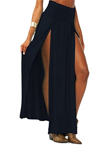 tinetill Damen Maxirock Double Split Maxi Lange Rock mit Schlitz Damen Hohe Taille Einfarbig Unregelmäßiger Saum Freizeitrock Skirt Partyrock Rockabilly von tinetill