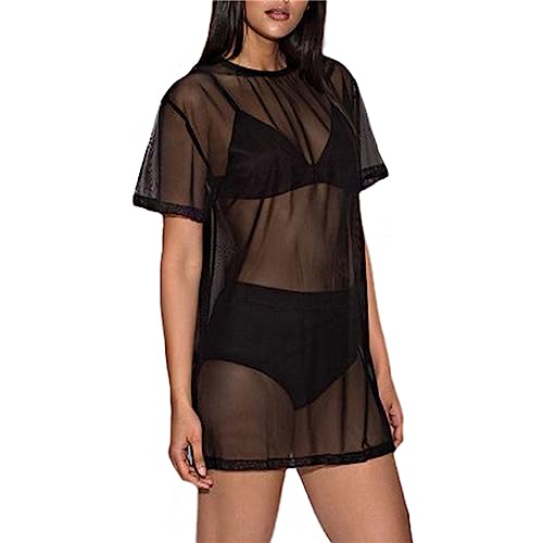 tinetill Damen Mesh Strandkleid Transparent Kleid Durchsichtiges Bikini Cover Up Kurzarm Rundhals Mesh Shirt Sommer Strandponcho Beachwear Party Clubwear von tinetill
