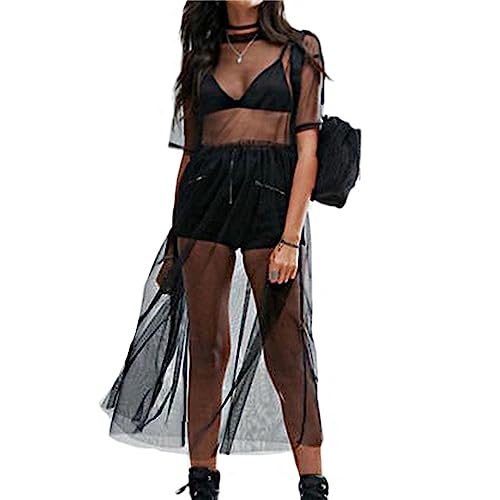 tinetill Damen Mesh Strandkleid Transparent Kleid Durchsichtiges Bikini Cover Up Kurzarm Rundhals Mesh Shirt Sommer Strandponcho Beachwear Party Clubwear von tinetill