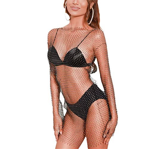 tinetill Damen Mesh Strandkleider Strass Durchsichtig Netzkleid Bikini Cover Up Rave Festival Schwarz Transparent Kleid Unterkleid Streetwear Clubwear von tinetill