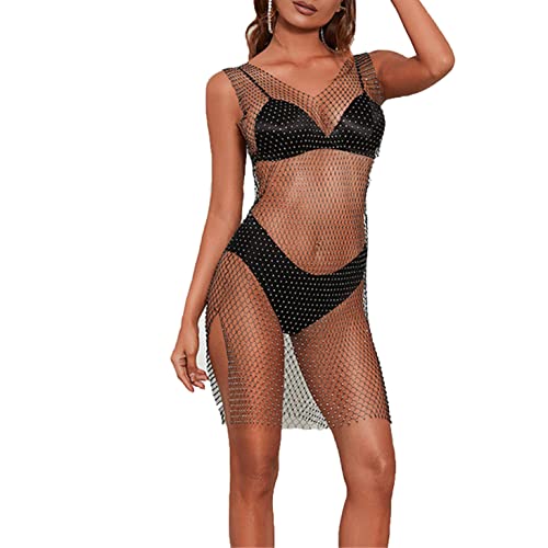 tinetill Damen Mesh Strandkleider Strass Durchsichtig Netzkleid Bikini Cover Up Rave Festival Schwarz Transparent Kleid Unterkleid Streetwear Clubwear von tinetill