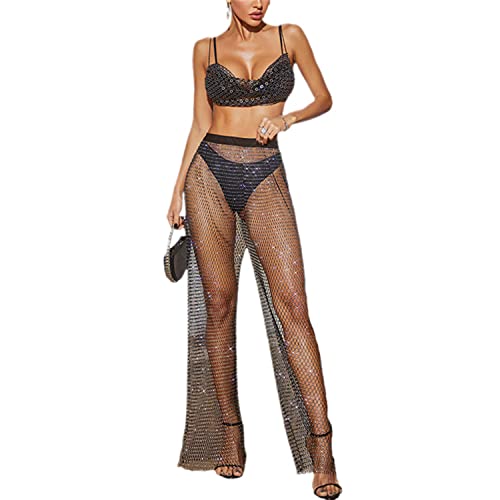 tinetill Damen Mesh Strandkleider Strass Durchsichtig Netzkleid Bikini Cover Up Rave Festival Schwarz Transparent Kleid Unterkleid Streetwear Clubwear von tinetill