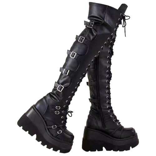 Tinetill Damen Plateaustiefel Winter Schwarz Gothic Punk Overknee Stiefel Mit Reißverschluss Und Schnürung - Kniehohe Lange Boots Mit Blockabsatz von tinetill