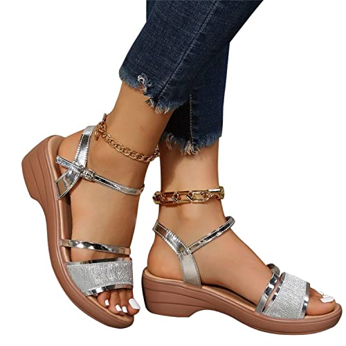 tinetill Damen Sandale Sommersandalen Keilsandalen Plateausandalen Fischmaul Freizeitsandale Glitzer Peeptoe Sandalen Bequem Elegant Abendschuhe von tinetill