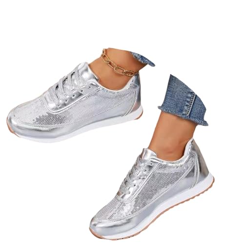 tinetill Damen Sneaker Pailletten Schuhe Glitzer Freizeitschuhe Flach Turnschuhe Jogging Sportschuhe Fitnessschuhe Laufschuhe Schnürsenkel Walkingschuhe von tinetill