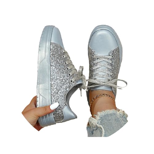 tinetill Damen Sneaker Pailletten Schuhe Glitzer Freizeitschuhe Flach Turnschuhe Jogging Sportschuhe Fitnessschuhe Laufschuhe Schnürsenkel Walkingschuhe von tinetill