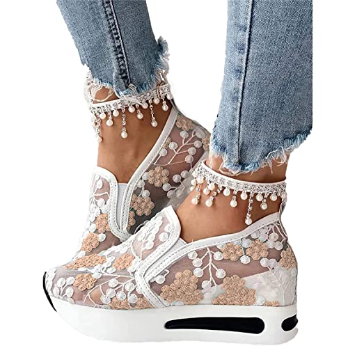 tinetill Damen Sneakers Spitze Mesh Atmungsaktive Turnschuhe Mit Keilabsatz Atmungsaktive Plateau Sportschuhe Mit Blumenstickerei Laufschuhe Sommer Schuhe von tinetill