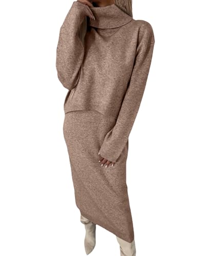 tinetill Damen Strickkleid 2 Stück Pullover Set Langarm Rollkragen pullover Midi Strickrock kuschelig Herbst Winter Elegant Zweiteiliger Anzug von tinetill