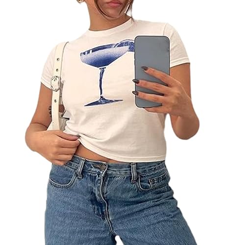 tinetill Damen Y2k Croptop Basic T Shirt Bow Print Kurzarm Fruit Print Oberteile Cute Graphic Blusen Summer Crew Neck Tops Ästhetische Streetwear Tees von tinetill