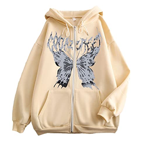 tinetill Damen Zip Up Hoodies Goth Skeleton Harajuku Oversized Sweatshirt Vintage Kapuzenjacke Kordelzug Y2K Jacke Sweatjacke mit Kapuze 90er E-Girl Top, A Khaki von tinetill