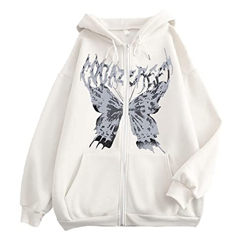 tinetill Damen Zip Up Hoodies Goth Skeleton Harajuku Oversized Sweatshirt Vintage Kapuzenjacke Kordelzug Y2K Jacke Sweatjacke mit Kapuze 90er E-Girl Top, 3XL, A Weiß von tinetill