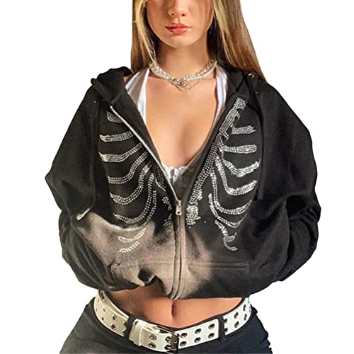 tinetill Damen Zip Up Hoodies Goth Skeleton Harajuku Oversized Sweatshirt Vintage Kapuzenjacke Kordelzug Y2K Jacke Sweatjacke mit Kapuze 90er E-Girl Top von tinetill