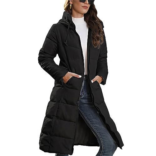 tinetill Daunenjacke Damen Lang Winterjacke Dünne Daunenmantel mit Kapuze Reißverschluss Steppmantel Winddicht Warme Steppjacke Leichte Winter Pufferjacke von tinetill