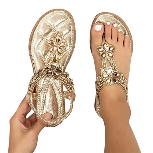 tinetill Flache Sandalen Damen Flip Flops Elegant Strass Boho T-Riemen Frauen Sandalen Mädchen Sommerschuhe Zehentrenner Sandalen Blumen Strandschuhe Slipper von tinetill