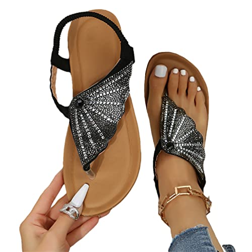 tinetill Flache Sandalen Damen Sommer Flach Glitzer Flip Flops Sommerschuhe Strasssteine T-Riemen Strandsandalen Offene Zehe Elegant Sommerschuhe von tinetill