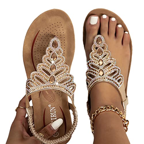 tinetill Flache Sandalen Damen Sommer Flach Glitzer Flip Flops Sommerschuhe Strasssteine T-Riemen Strandsandalen Offene Zehe Elegant Sommerschuhe von tinetill