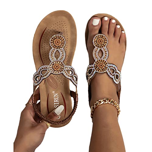 tinetill Flache Sandalen Damen Sommer Flach Glitzer Flip Flops Sommerschuhe Strasssteine T-Riemen Strandsandalen Offene Zehe Elegant Sommerschuhe von tinetill