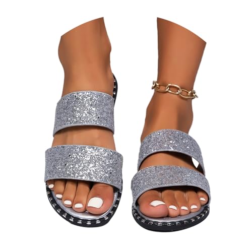 tinetill Flache Sandalen Damen Sommer Strass Glitzer Sandaletten Slip-On Schuhe Leicht Atmungsaktiv Pantoletten Freizeit Zehentrenner Sandalen Sommersandalen Strandschuhe von tinetill