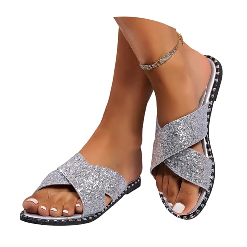 tinetill Flache Sandalen Damen Sommer Strass Glitzer Sandaletten Slip-On Schuhe Leicht Atmungsaktiv Pantoletten Freizeit Zehentrenner Sandalen Sommersandalen Strandschuhe von tinetill