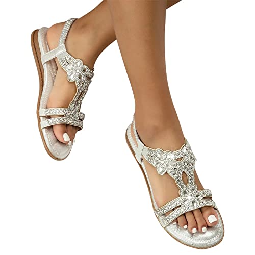 tinetill Flache Sandalen Damen Strass Boho T-Riemen Sommer Sandalen Weichen Sohlen Sommerschuhe Gummiband Slingback Zehentrenner Sandalen Mädchen Strandschuhe Beach Freizeitschuhe, 37 EU, Silber von tinetill