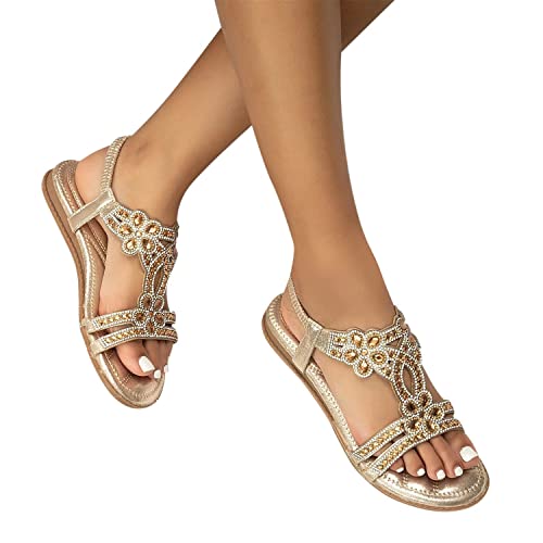 tinetill Flache Sandalen Damen Strass Boho T-Riemen Sommer Sandalen Weichen Sohlen Sommerschuhe Gummiband Slingback Zehentrenner Sandalen Mädchen Strandschuhe Beach Freizeitschuhe, Gold, 35 EU von tinetill