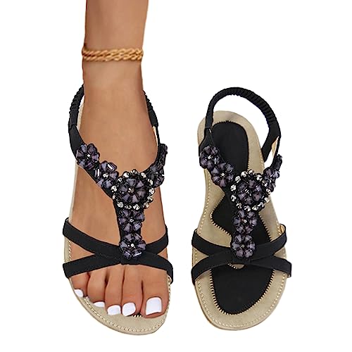 tinetill Flache Sandalen Damen Strass Boho T-Riemen Sommer Sandalen Weichen Sohlen Sommerschuhe Gummiband Slingback Zehentrenner Sandalen Mädchen Strandschuhe Beach Freizeitschuhe von tinetill